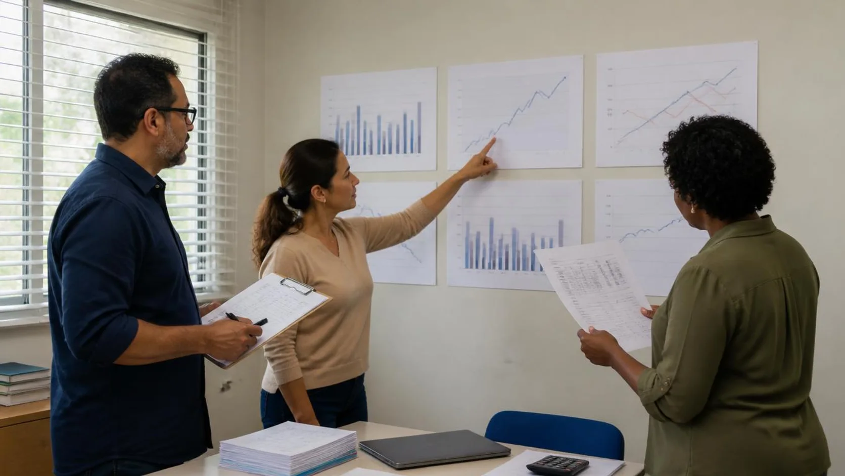 Professores analisam gráficos impressos de frequência e desempenho fixados na parede da sala de coordenação de uma escola, com planilha de anotações à mão