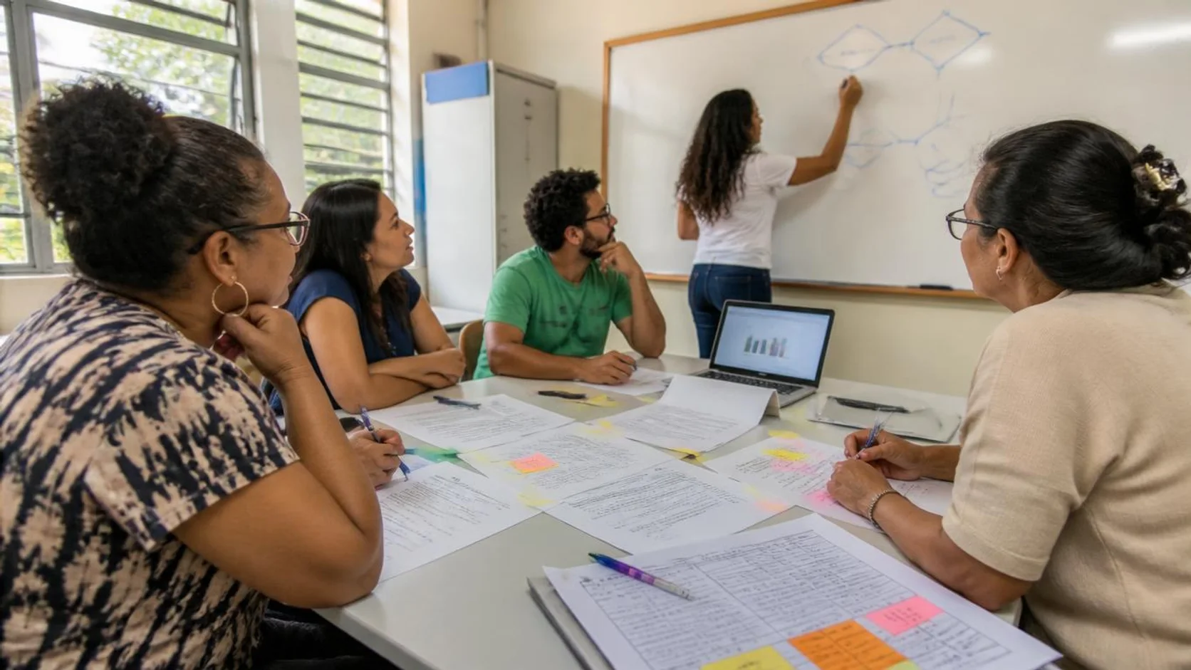 Professores reunidos em grupo de estudo analisando artigos impressos e marcando evidências com notas coloridas sobre a mesa.