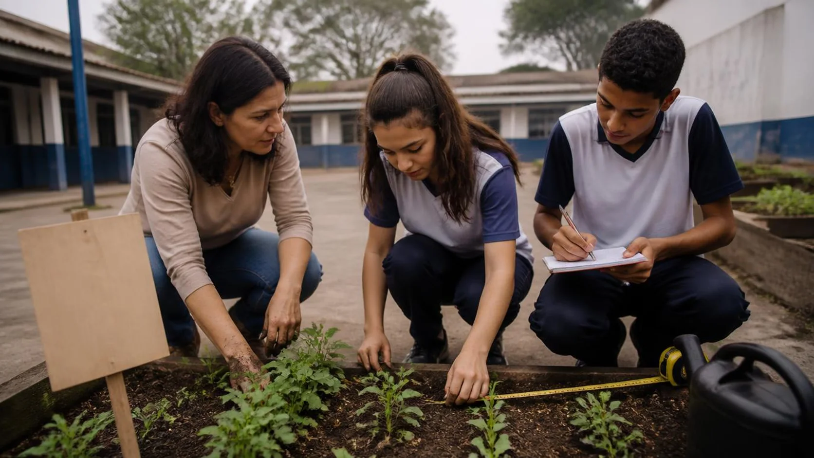 Professora e dois estudantes a medir um canteiro de horta escolar e a anotar observações em um caderno, com as mãos sujas de terra.
