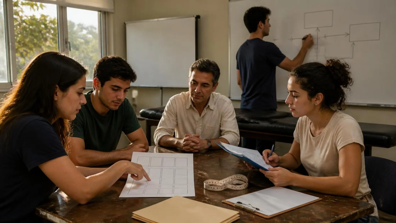 Estudantes e professora analisam juntos uma ficha de critérios impressa sobre a mesa de uma sala de aula universitária, com quadro de setas e caixas sem texto ao fundo