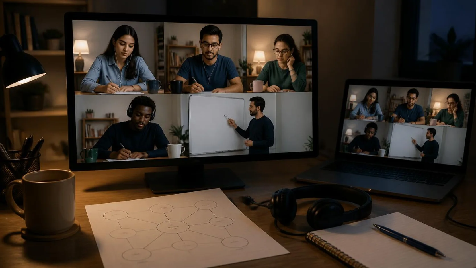 Estudantes participam de uma discussão em grupo por videochamada em telas separadas, com fones, um diagrama de círculos conectados impresso sobre a mesa e uma tutora apontando para um quadro