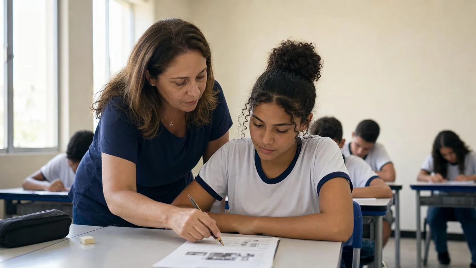 Professora orienta estudante com uma folha de atividades impressa sobre a mesa, em sala de aula com outros alunos ao fundo.