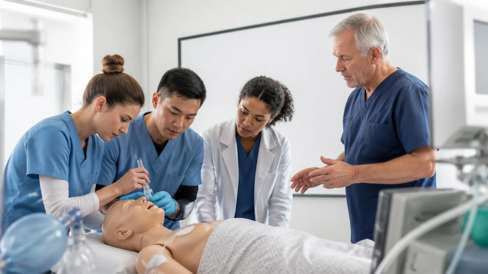 Equipe de saúde treina procedimento em manequim de simulação sob orientação de instrutor em sala hospitalar.
