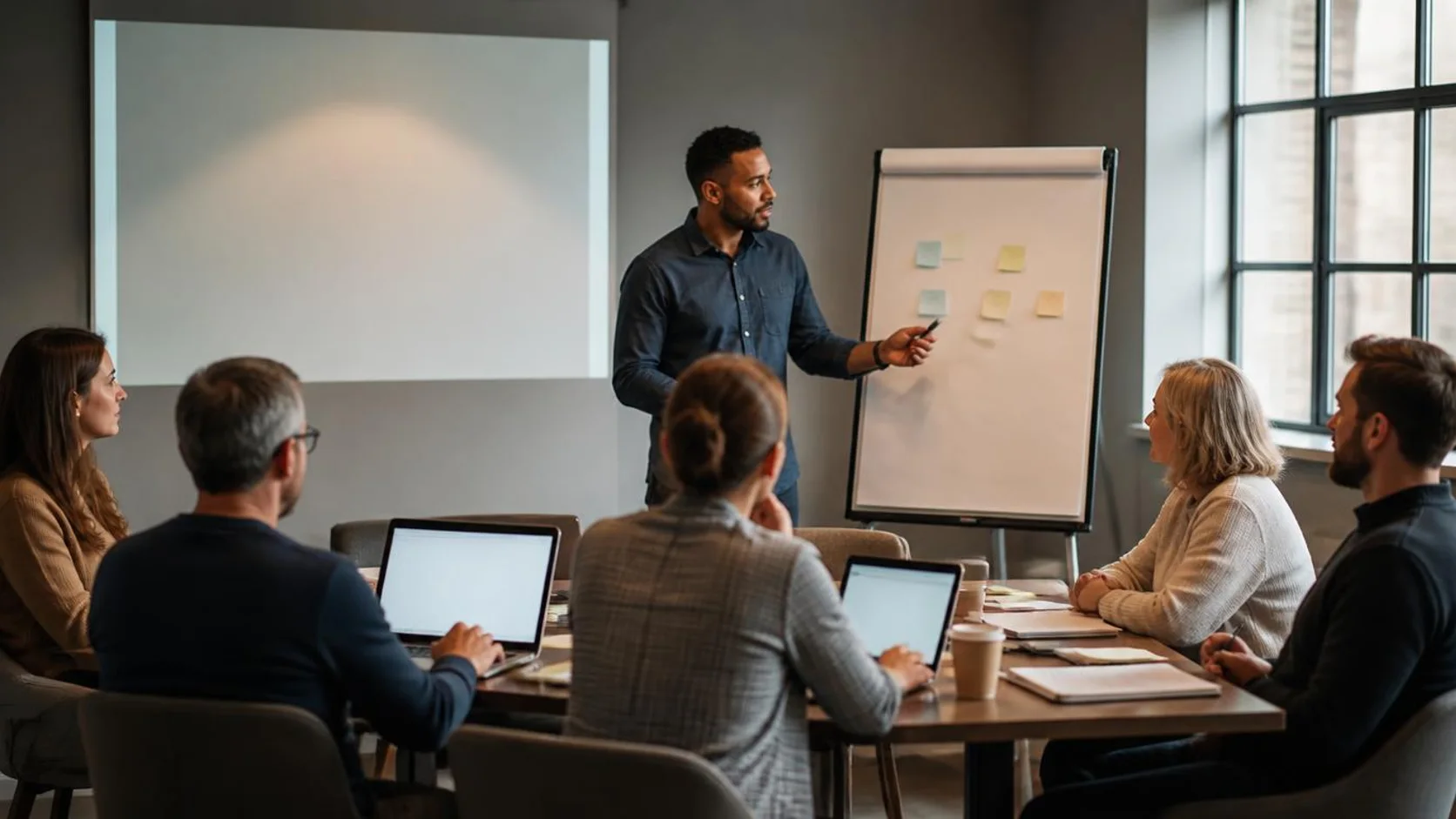 Sala de treinamento corporativo no fim do dia, com facilitadora ao lado de um quadro de anotações e funcionários adultos estudando em volta da mesa.