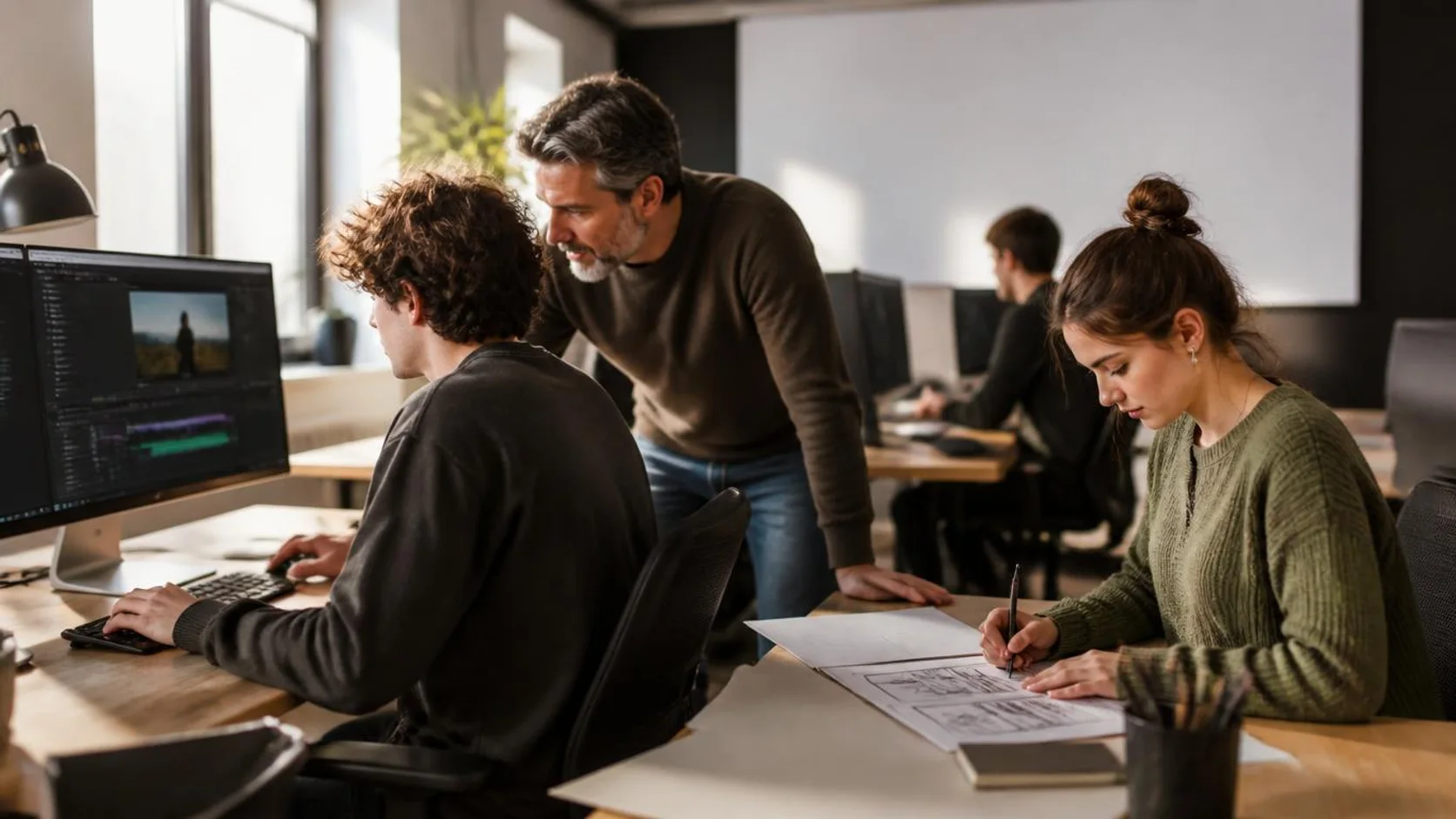 Estudantes produzindo um projeto digital em laboratório universitário com a orientação de um professor