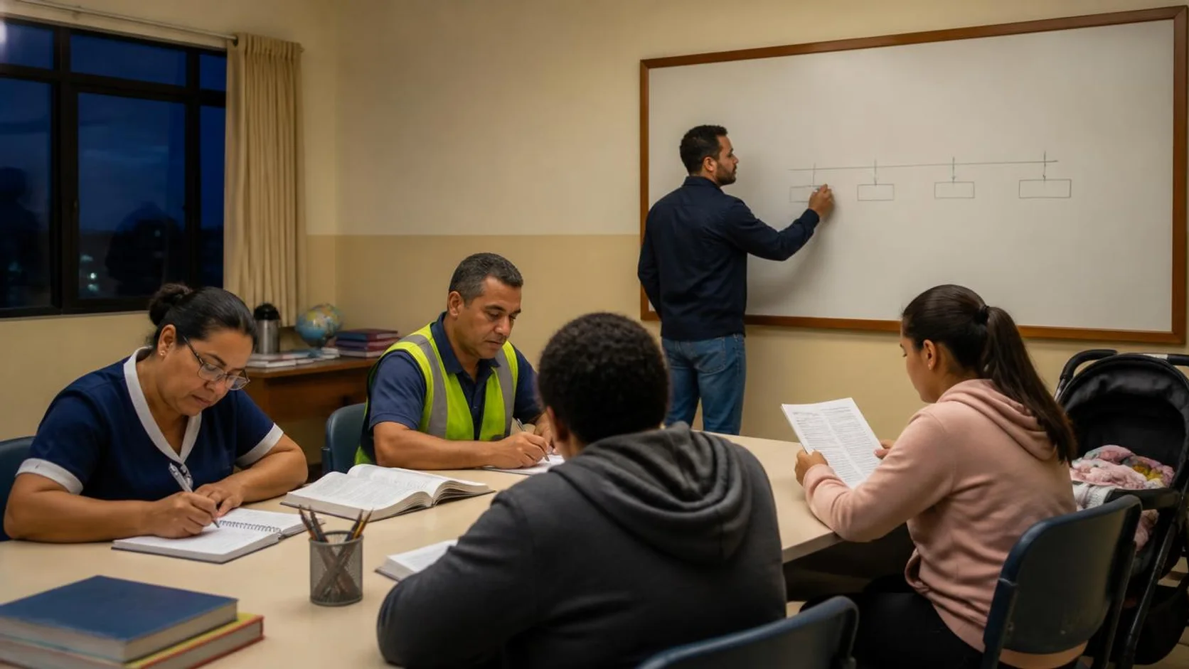 Adultos de idades diferentes estudam à noite em sala de escola municipal, com cadernos, apostila e uma linha do tempo em branco na lousa.
