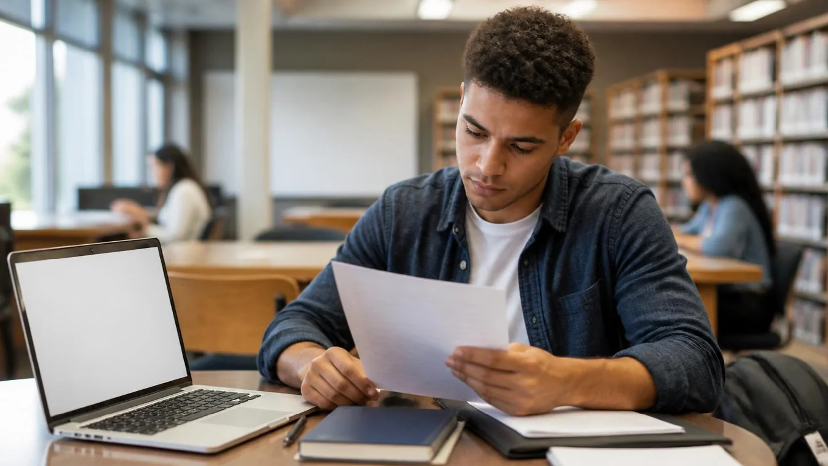 Jovem adulto analisando o currículo de um curso em uma mesa de biblioteca, com caderno e computador ao lado.