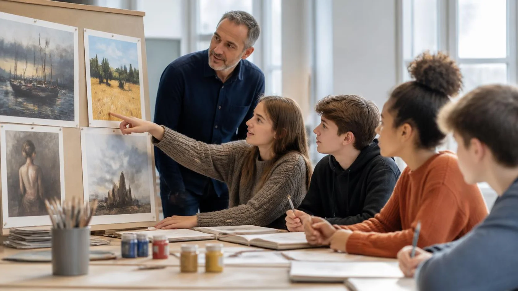 Professora acompanha estudantes que comparam reproduções de pinturas fixadas em um mural, com cadernos de esboço e tintas sobre as mesas.