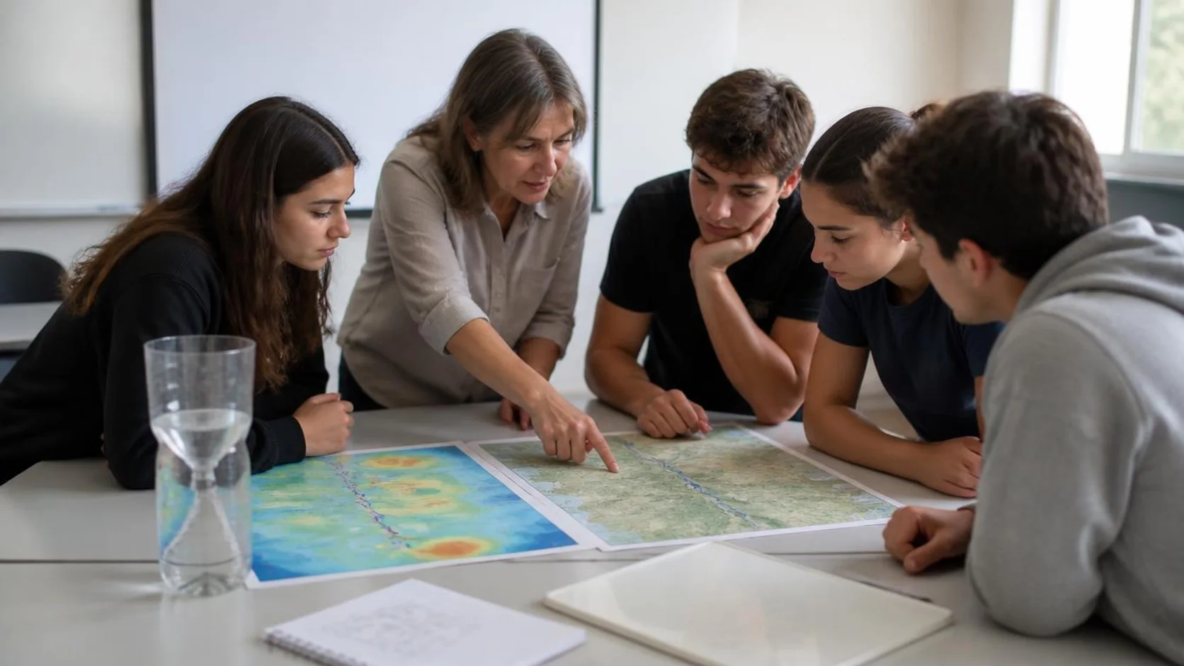 Professora acompanha quatro estudantes que comparam dois mapas impressos sobre uma mesa, um de chuvas e outro da bacia do rio local, com um pluviômetro de garrafa
