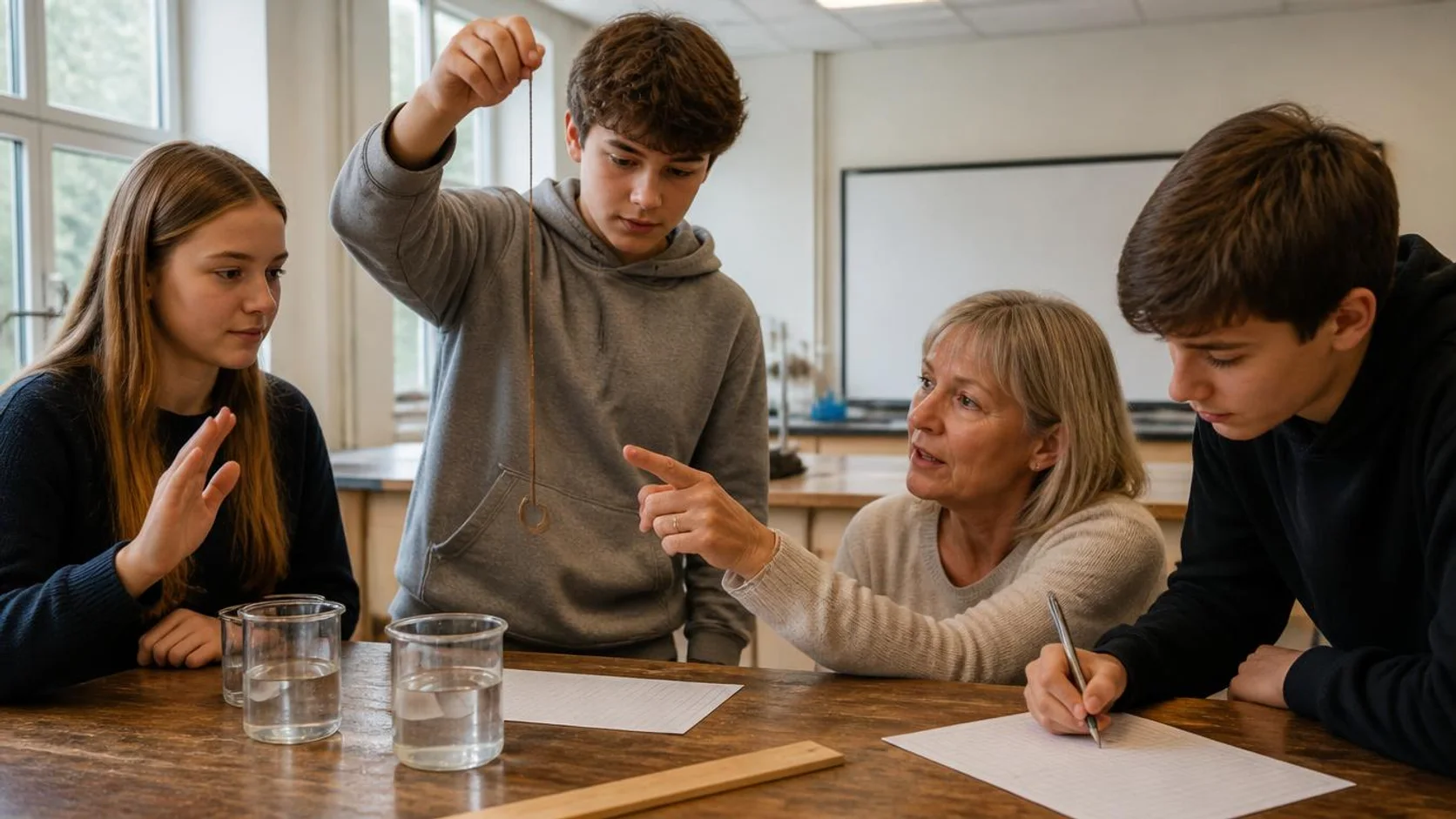 Estudantes testam um pêndulo simples em uma bancada escolar enquanto a professora acompanha a medição e um colega anota em papel.
