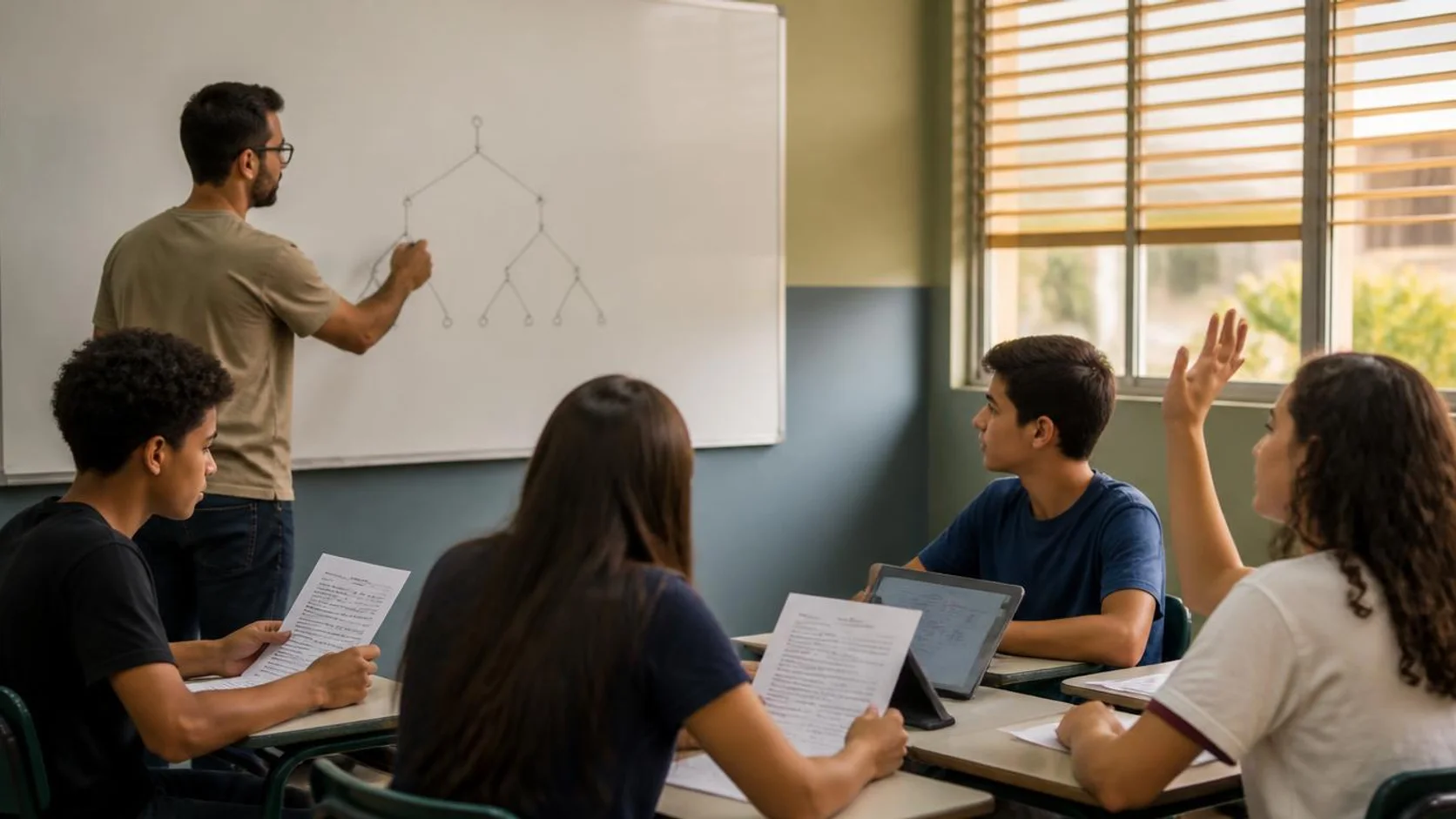 Professor desenha diagrama de árvore de decisão no quadro enquanto estudantes comparam a atividade impressa com a tela de um tablet.