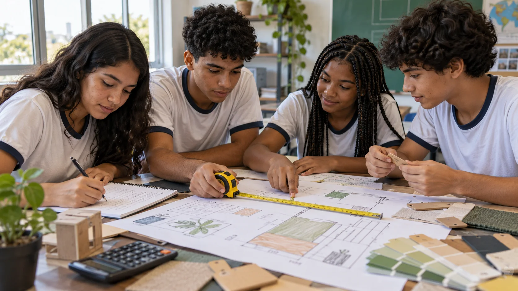 Estudantes calculam custos e medidas em um projeto prático de sala de aula