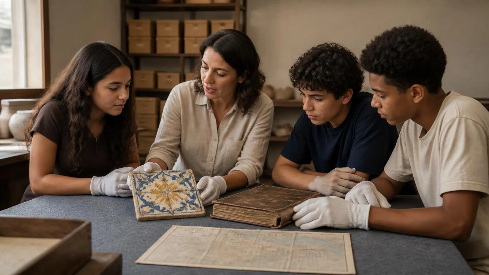 Educadora patrimonial orienta três estudantes que observam uma cerâmica antiga e um livro de registros sobre uma mesa forrada, em um depósito de museu iluminado por luz natural.