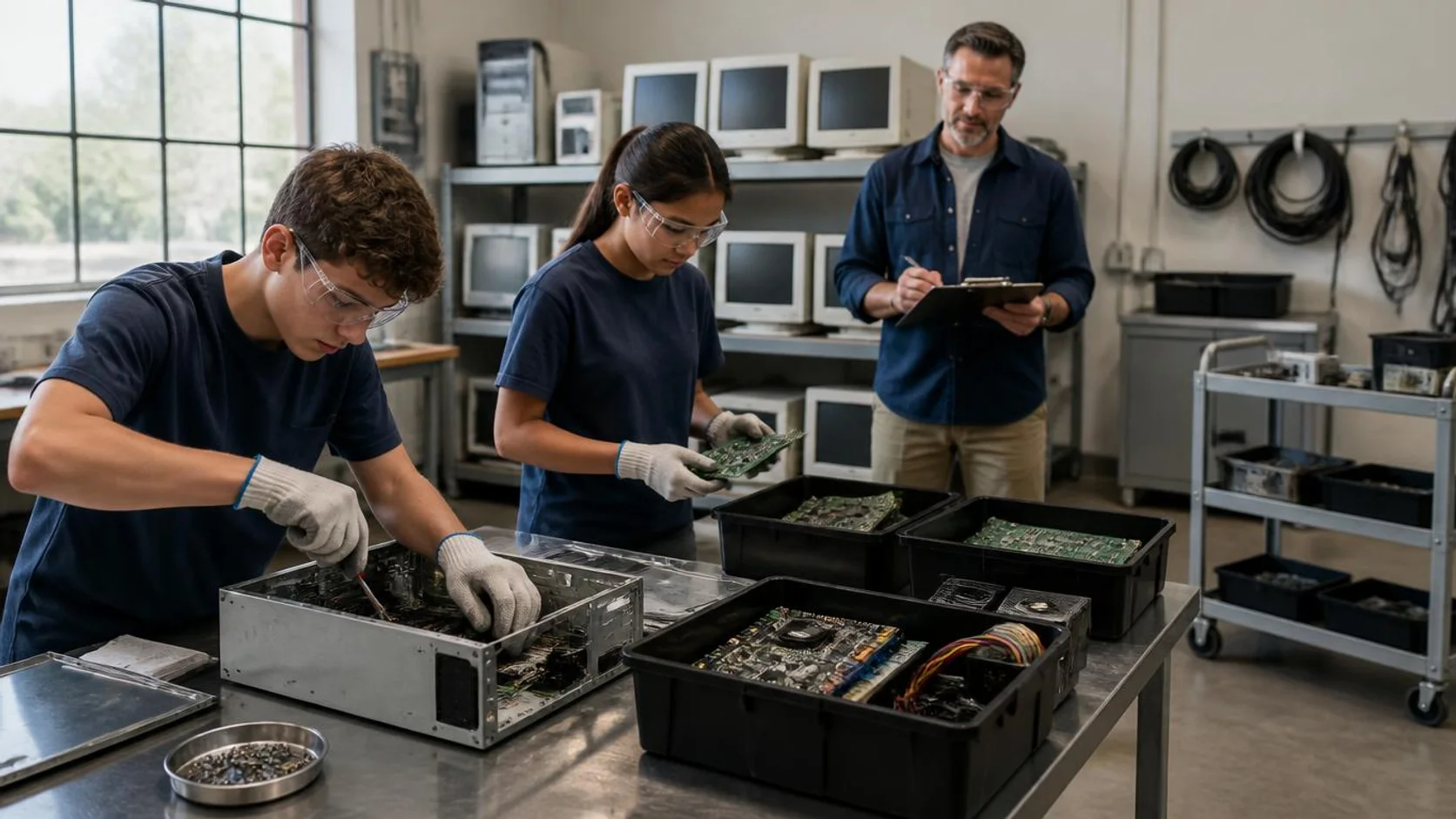 Estudantes desmontam computador antigo em oficina escolar, separando placas e componentes para reuso e descarte correto.