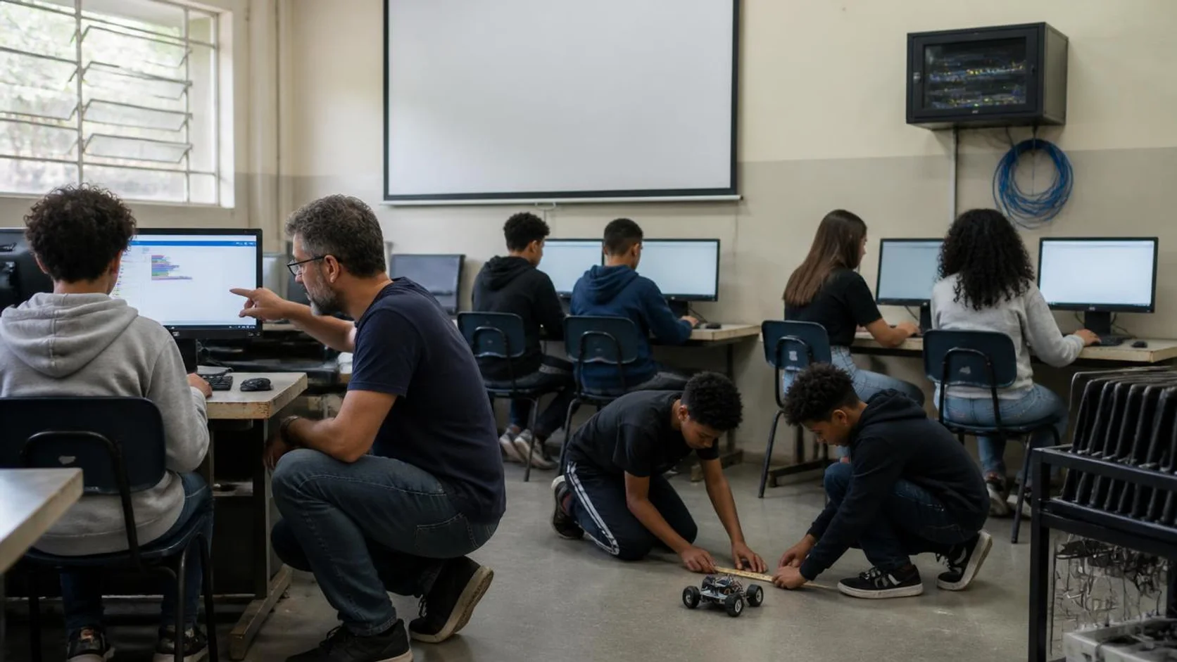 Professora orienta estudante em um laboratório de informática escolar enquanto colegas trabalham em duplas e medem um pequeno robô sobre a bancada
