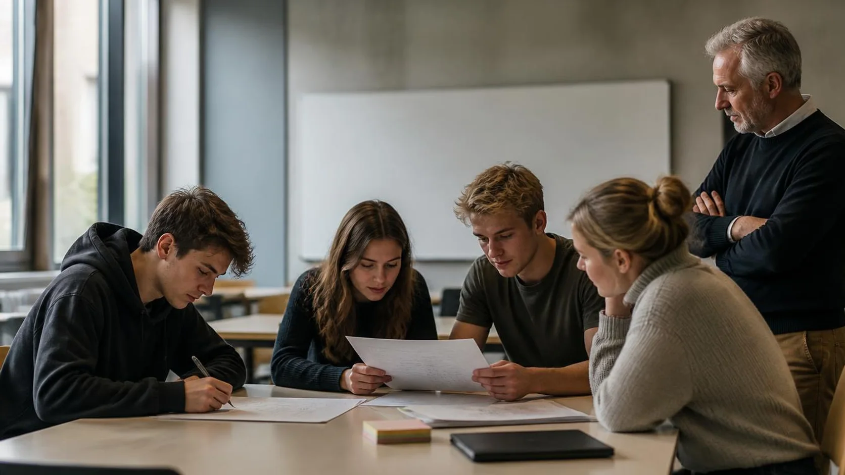 Estudantes universitários reunidos em uma sala de projetos do campus, analisando anotações e um esboço em papel durante uma atividade de projeto.