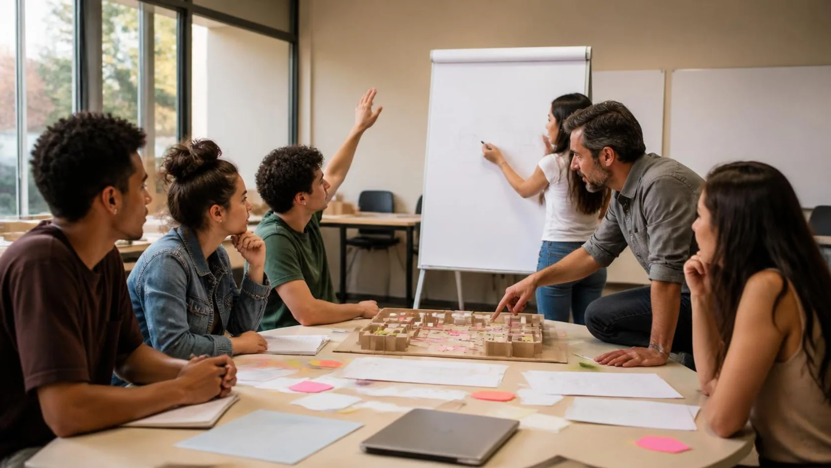 Estudantes universitários discutem um protótipo e um fluxograma desenhado em flip chart com a orientação de um professor em sala de projetos.