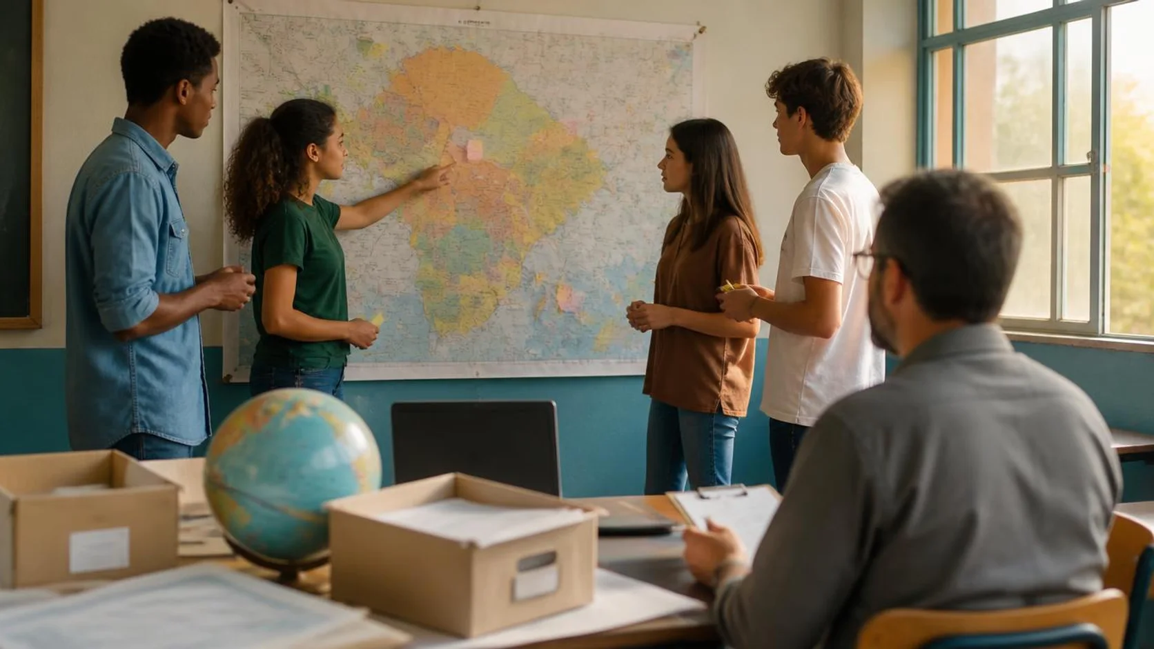 Estudantes adolescentes montam um mapa-múndi de papel com anotações sobre clima e migração enquanto a professora acompanha a atividade.