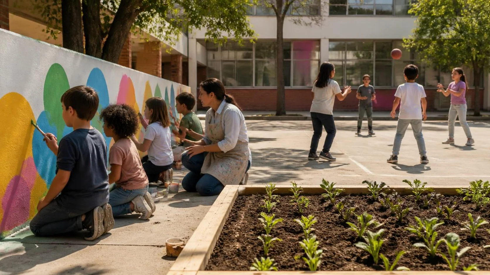 Crianças pintam um mural no pátio da escola enquanto a professora acompanha e outro grupo joga em quadra, com horta ao fundo.