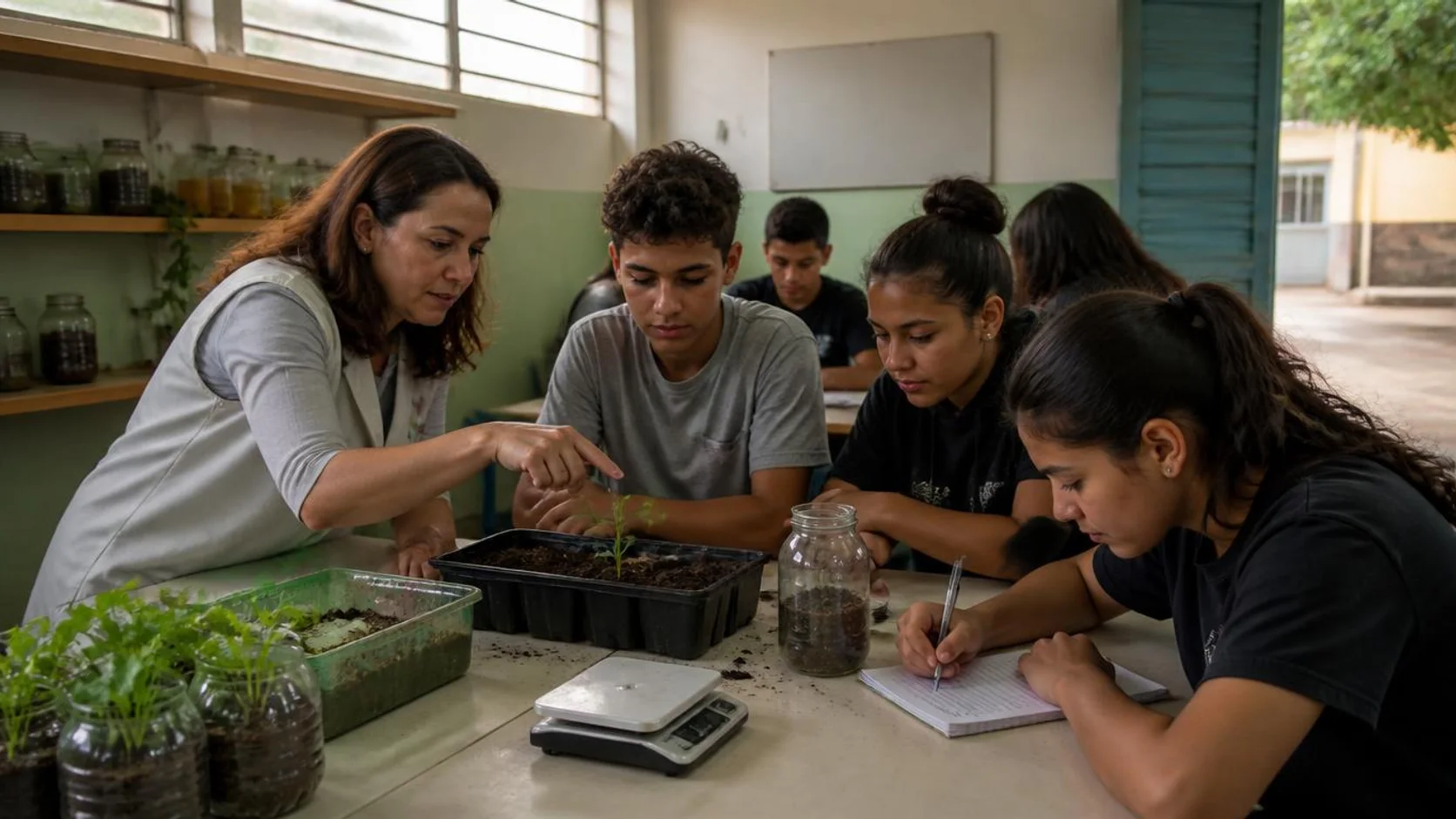 Professora orienta um grupo de estudantes em uma atividade prática de cultivo dentro da escola, ao lado de uma mesa com mudas e cadernos.
