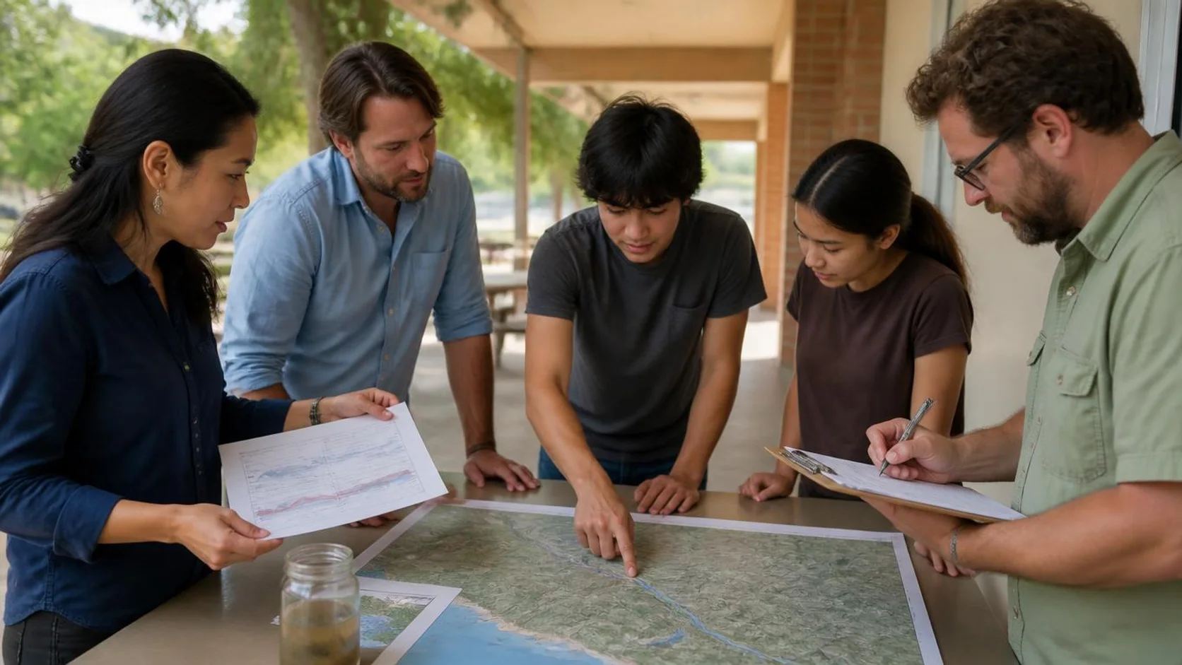 Professores e estudantes analisam juntos um mapa impresso e uma amostra de água sobre a mesa do pátio escolar durante o planejamento de um projeto integrado.