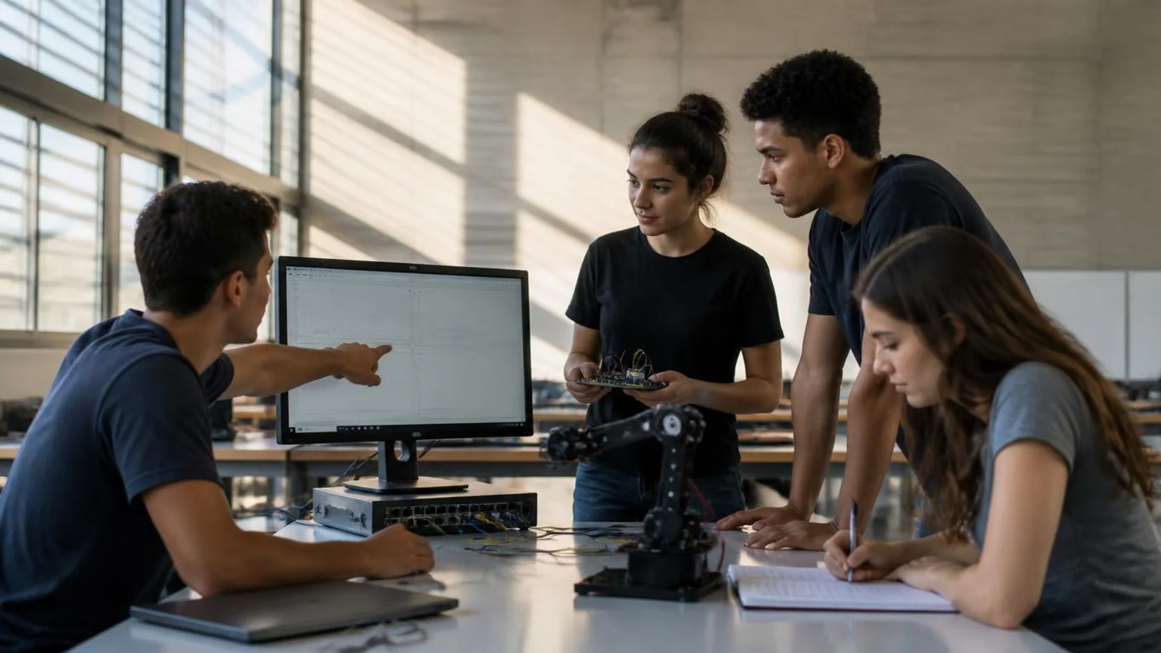 Estudantes reunidos em torno de uma bancada de laboratório de dados analisando gráficos na tela, enquanto um deles segura uma placa eletrônica com fios