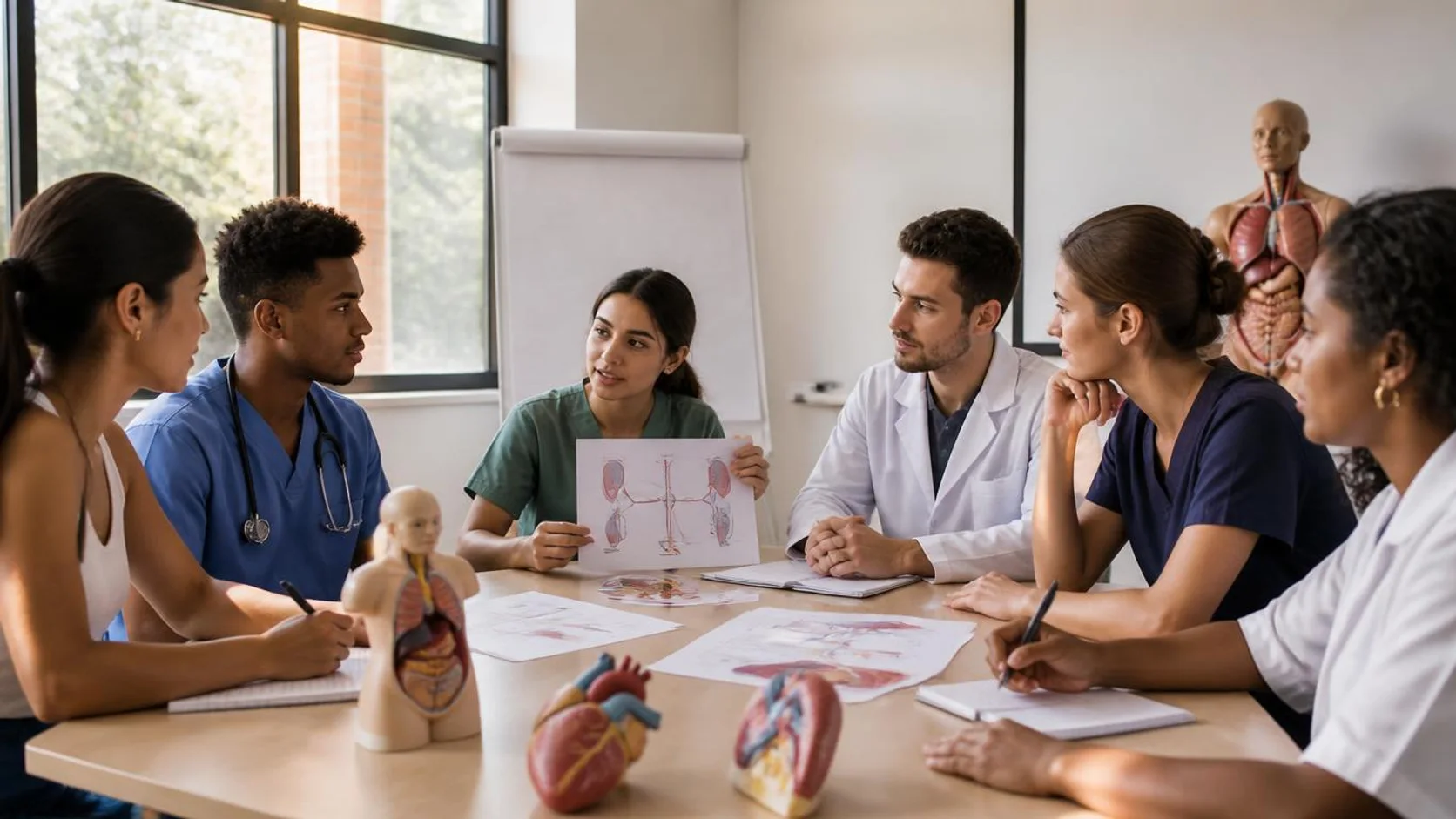 Estudantes de cursos da saúde em roda de conversa com material impresso e modelos anatômicos sobre a mesa de uma sala universitária.