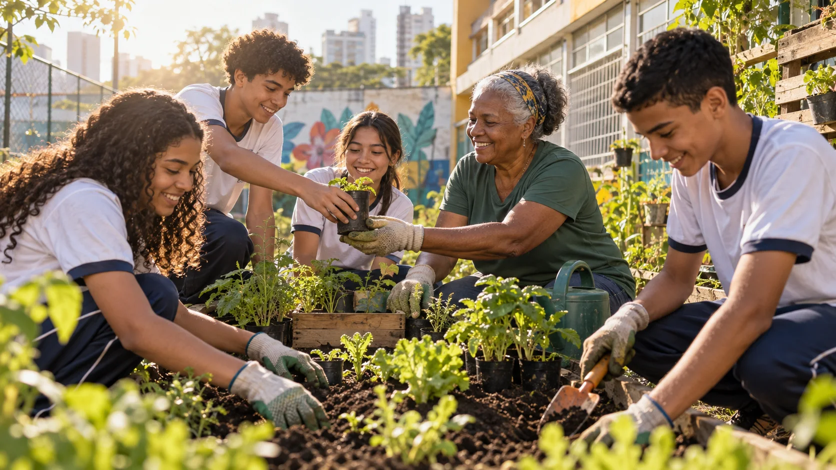Uma turma organiza uma horta comunitária e conversa sobre cuidado coletivo