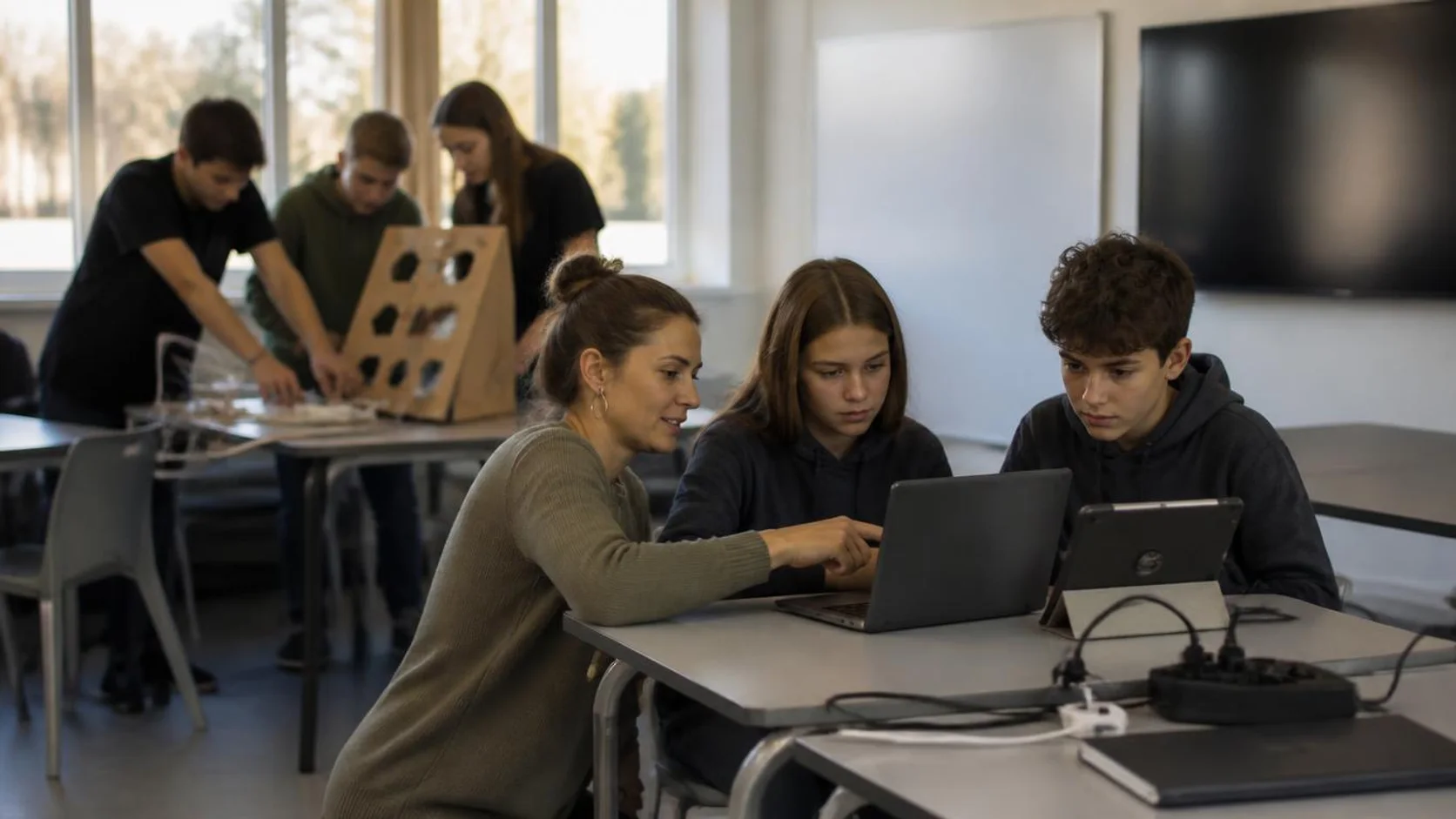 Professora acompanha dois estudantes que usam laptop e tablet em sala, enquanto colegas montam um protótipo com sensor sobre a mesa.