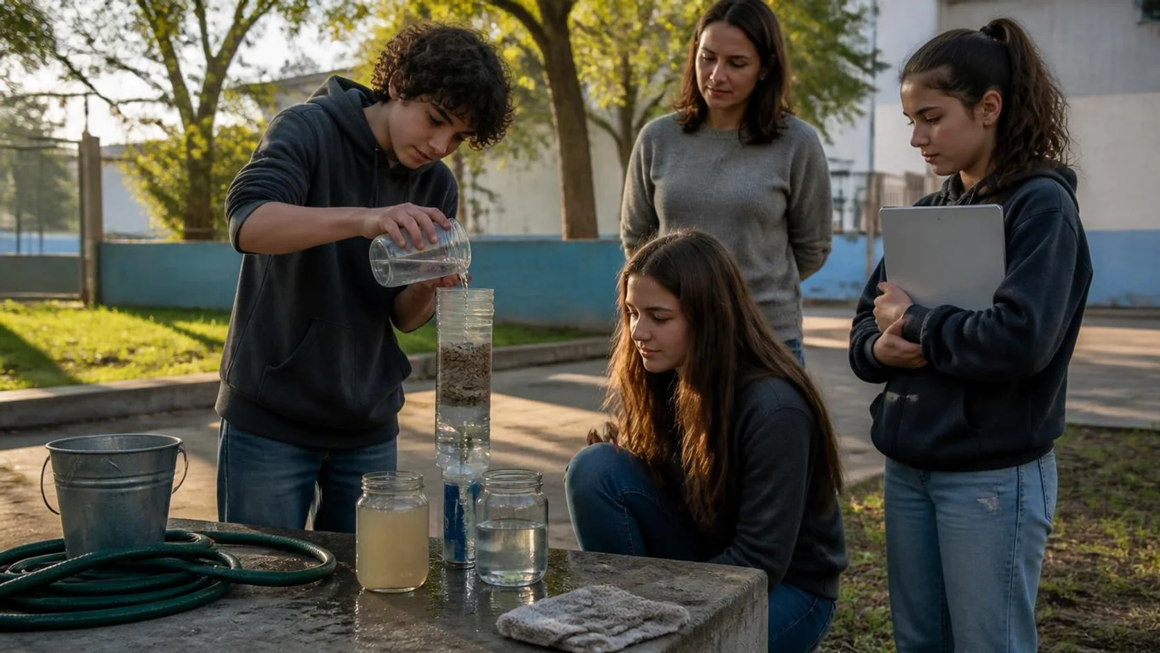 Estudantes testam um filtro artesanal de água no pátio da escola, observando a passagem da água entre dois recipientes de vidro.