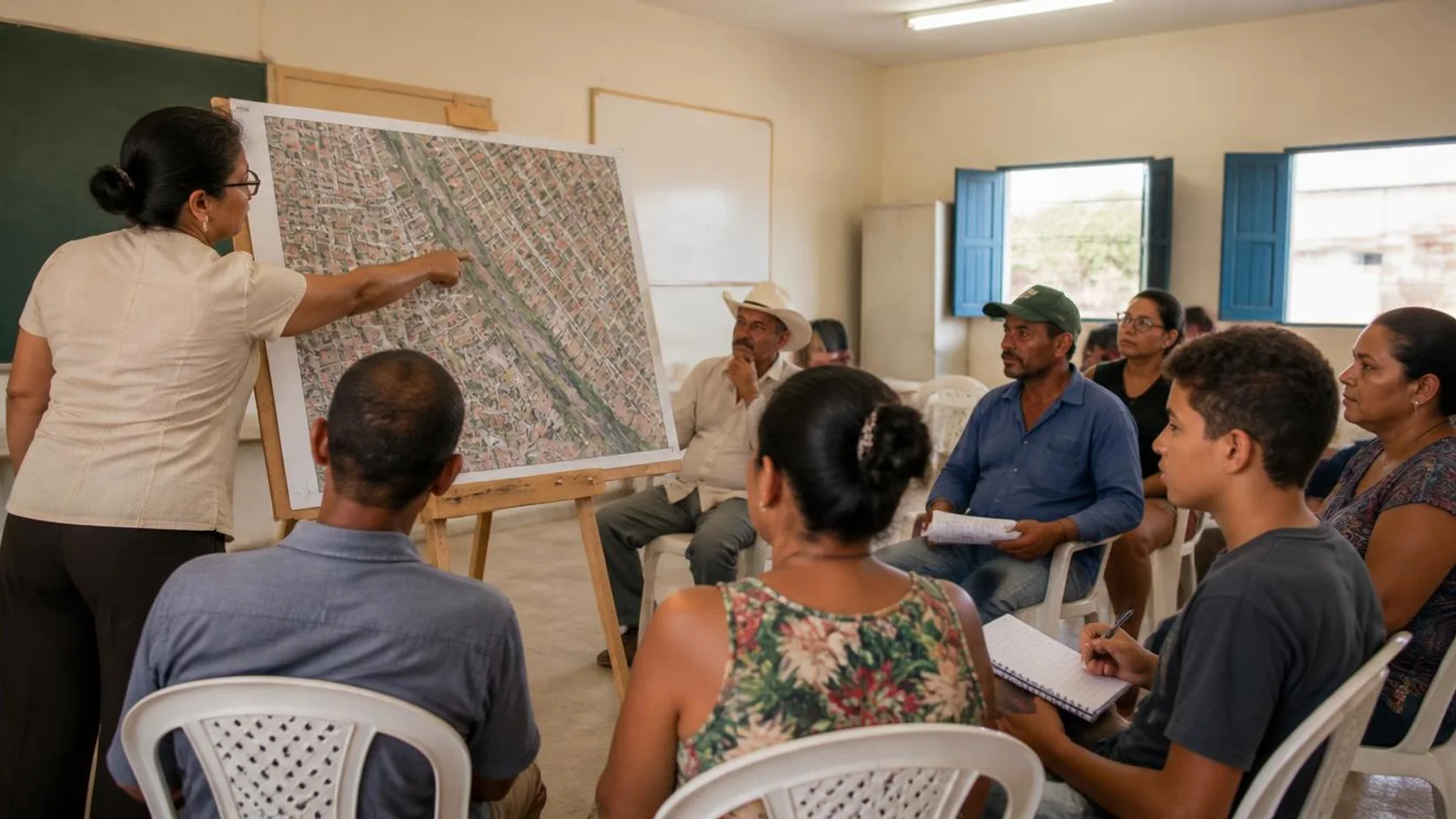 Moradora aponta para um mapa impresso do bairro em um cavalete durante reunião comunitária, enquanto moradores sentados em cadeiras de plástico acompanham e um adolescente faz anotações.