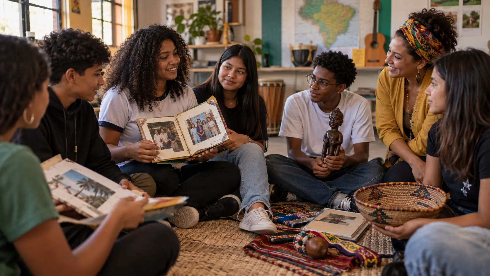 Alunos diversos apresentam histórias de suas famílias para colegas em sala