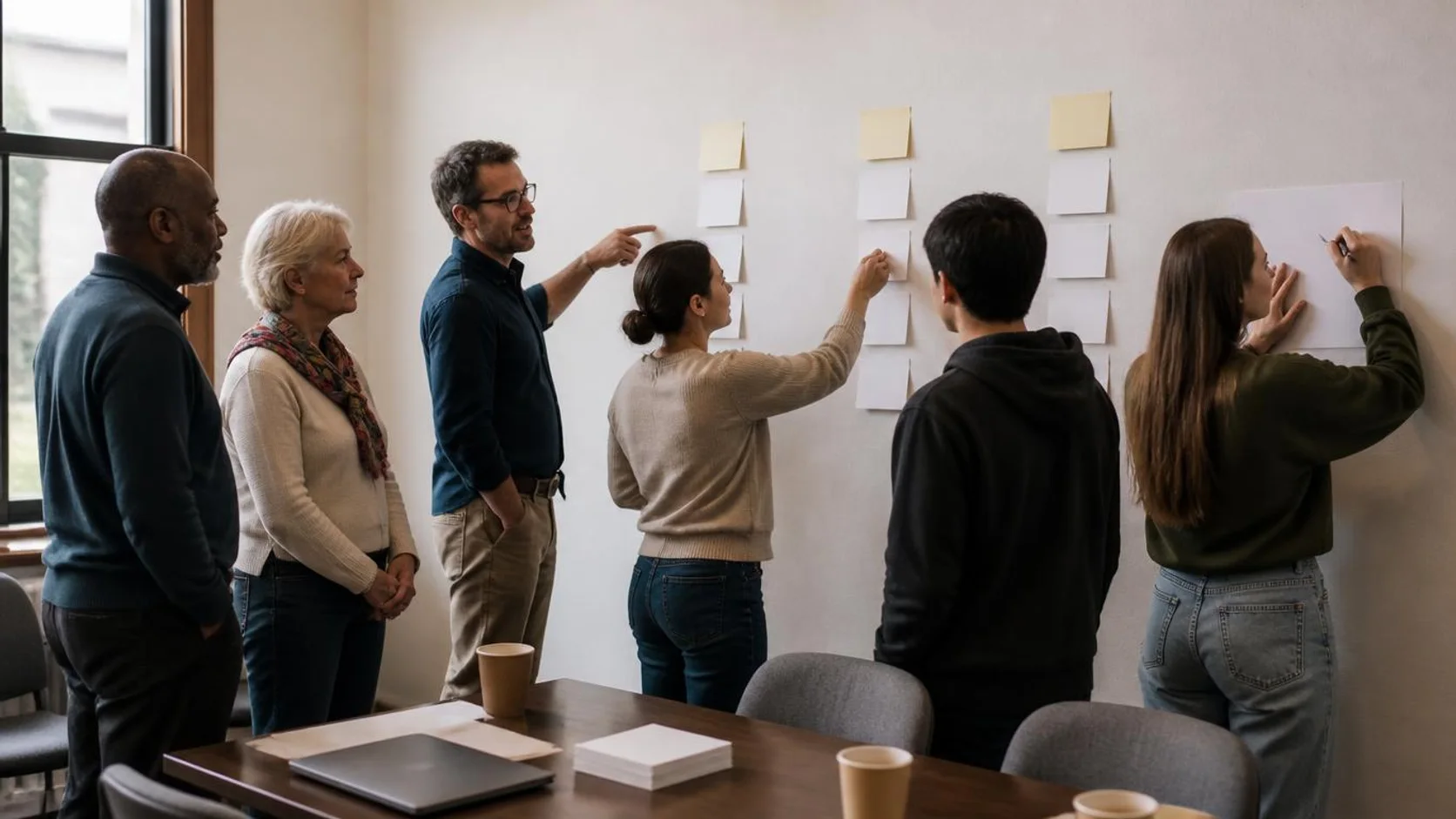 Equipe reorganiza cartões em branco em um quadro de parede durante uma reunião de planejamento de projeto.