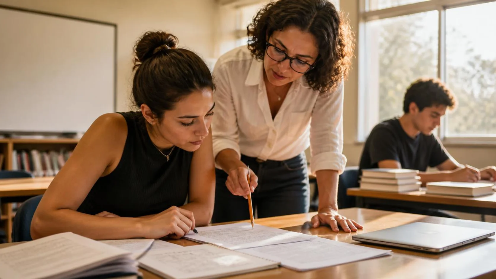 Estudante e orientadora analisam juntas um artigo impresso anotado sobre a mesa de uma sala de estudos universitária.
