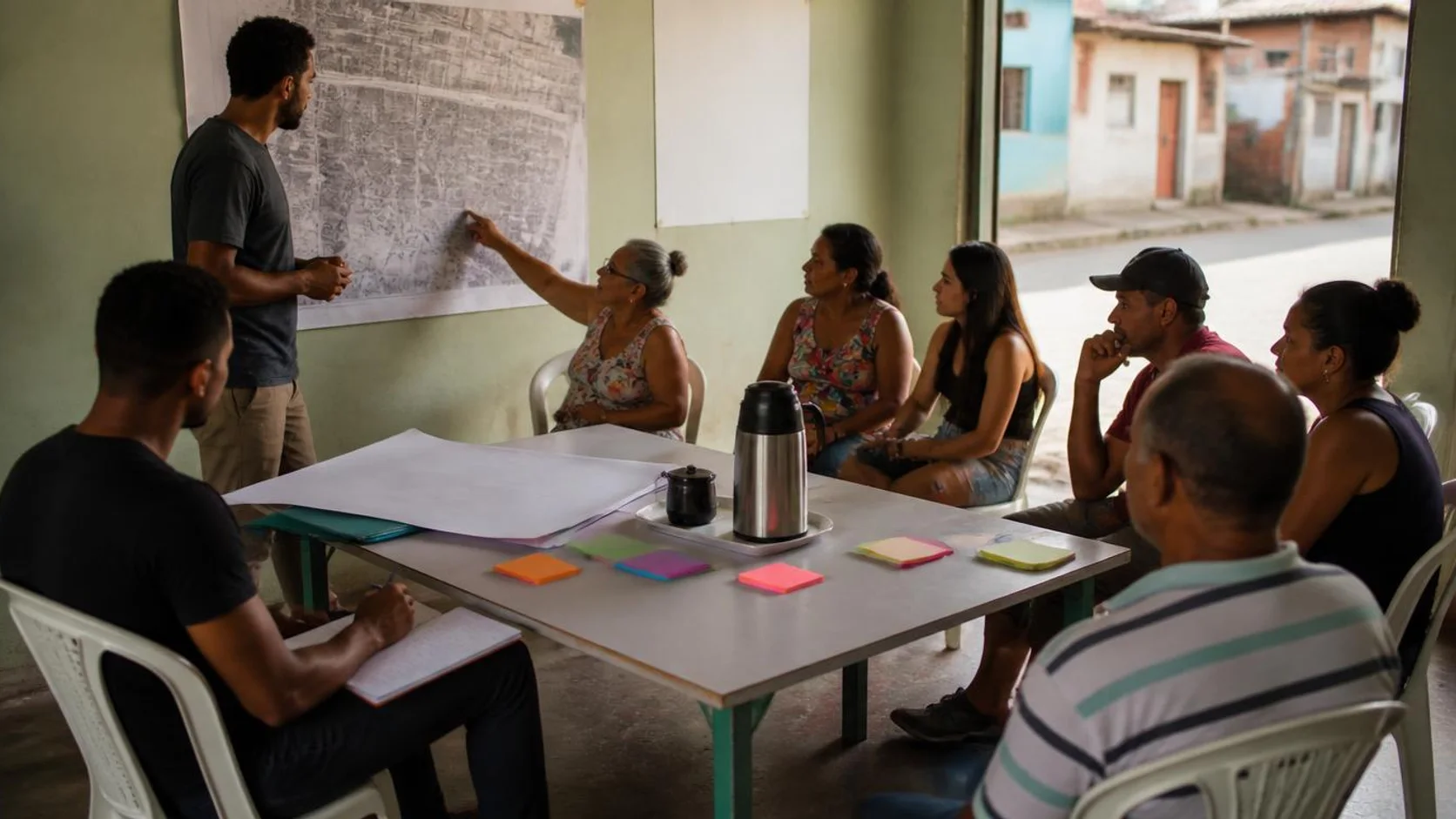 Moradores reunidos em salão comunitário discutem mapa do bairro afixado na parede durante oficina participativa.