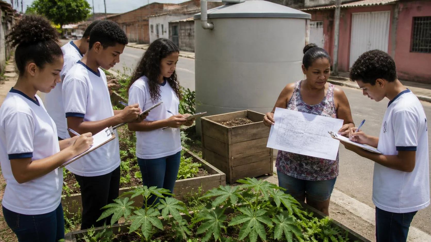 Estudantes de uniforme medem canteiros de horta comunitária com trena e prancheta enquanto uma moradora mostra um mapa desenhado da rua, em bairro brasileiro