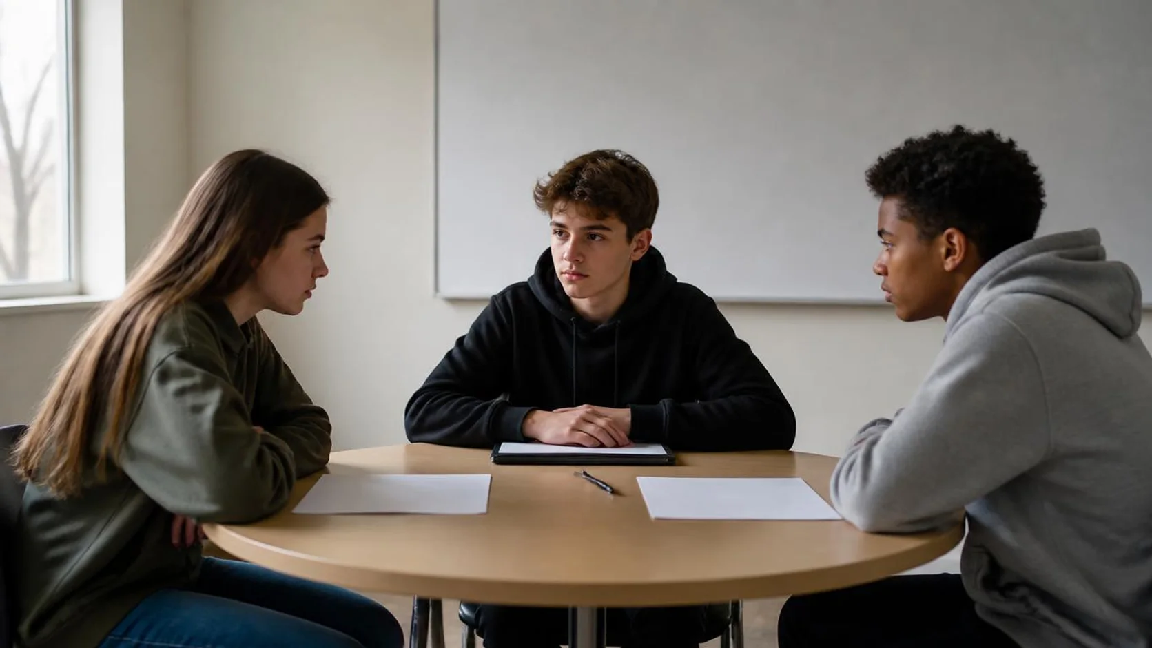 Estudante mediador conduz conversa entre dois colegas em uma mesa redonda, com postura neutra e escuta atenta.