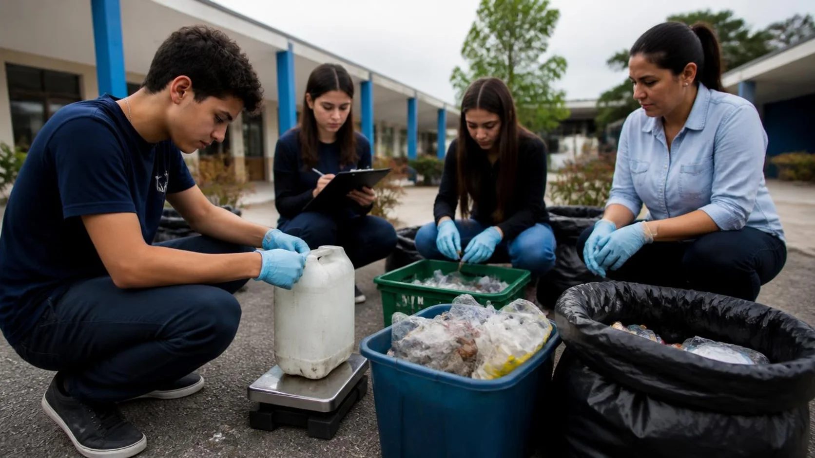 Estudantes e professor coletando e separando materiais descartados no pátio da escola