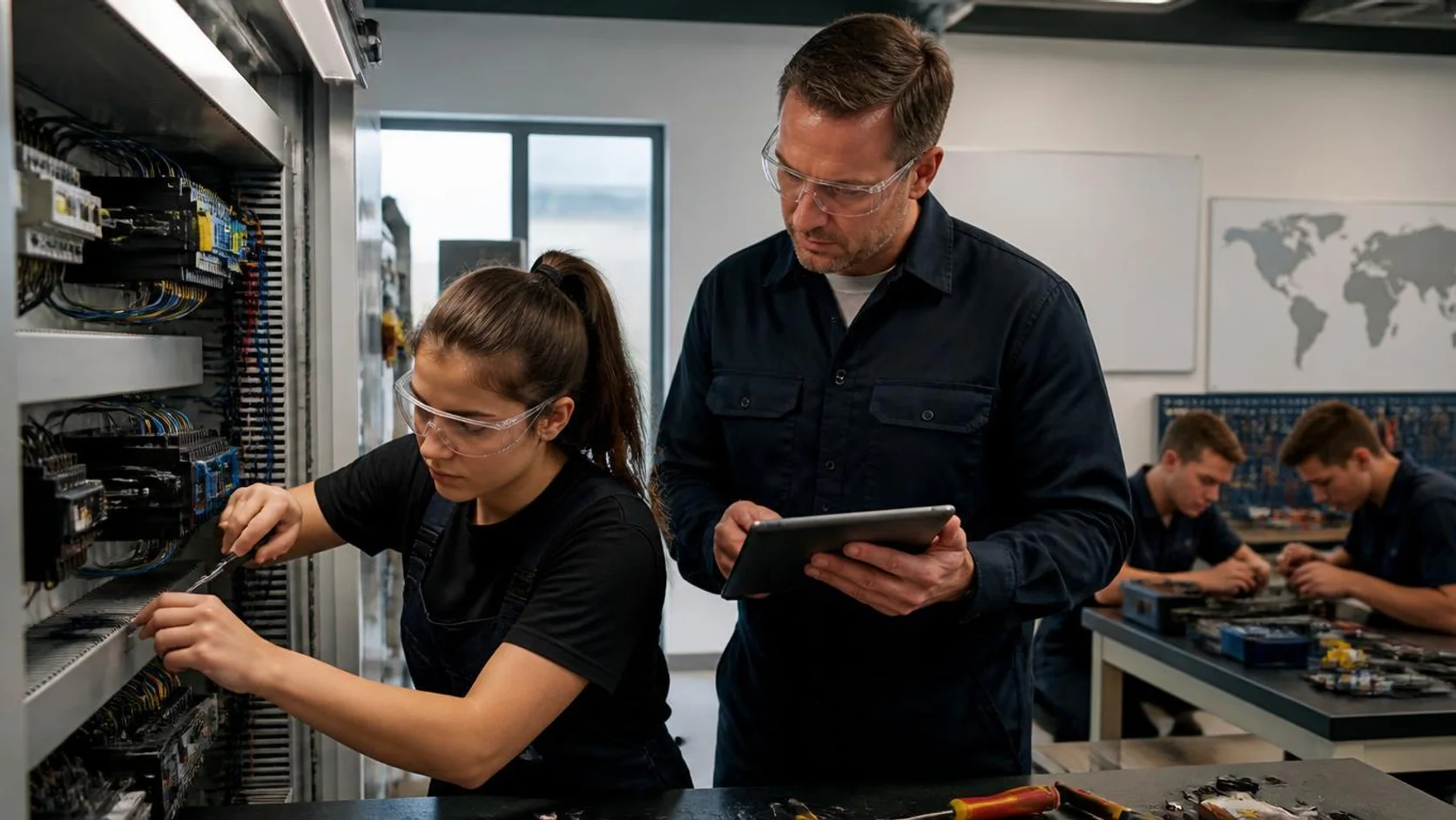 Aprendiz de óculos de proteção trabalha em painel de controle industrial enquanto instrutor confere um diagrama em tablet, em oficina de formação técnica ao fundo.