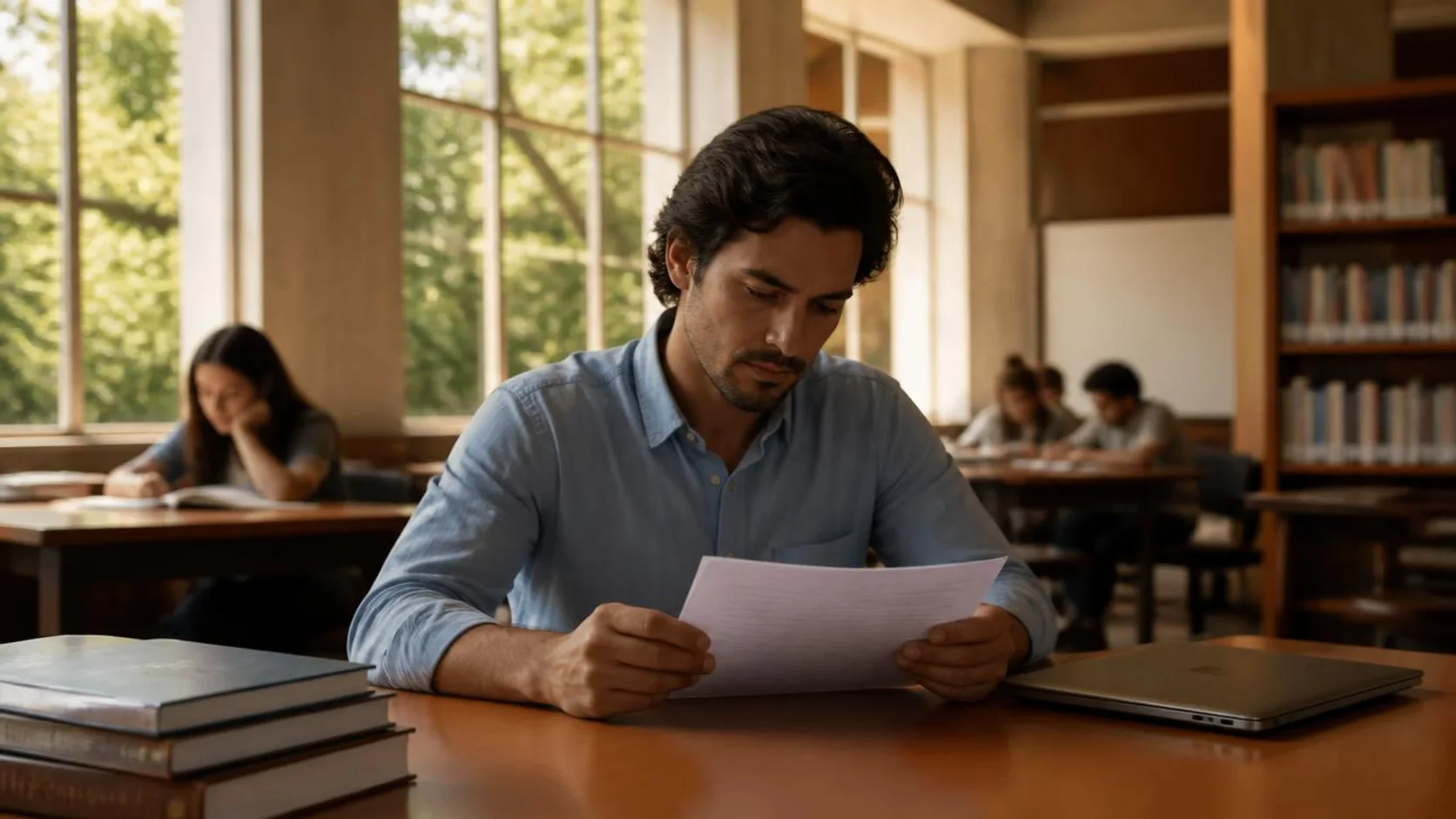 Estudante adulto estudando com livros e anotações em biblioteca universitária.