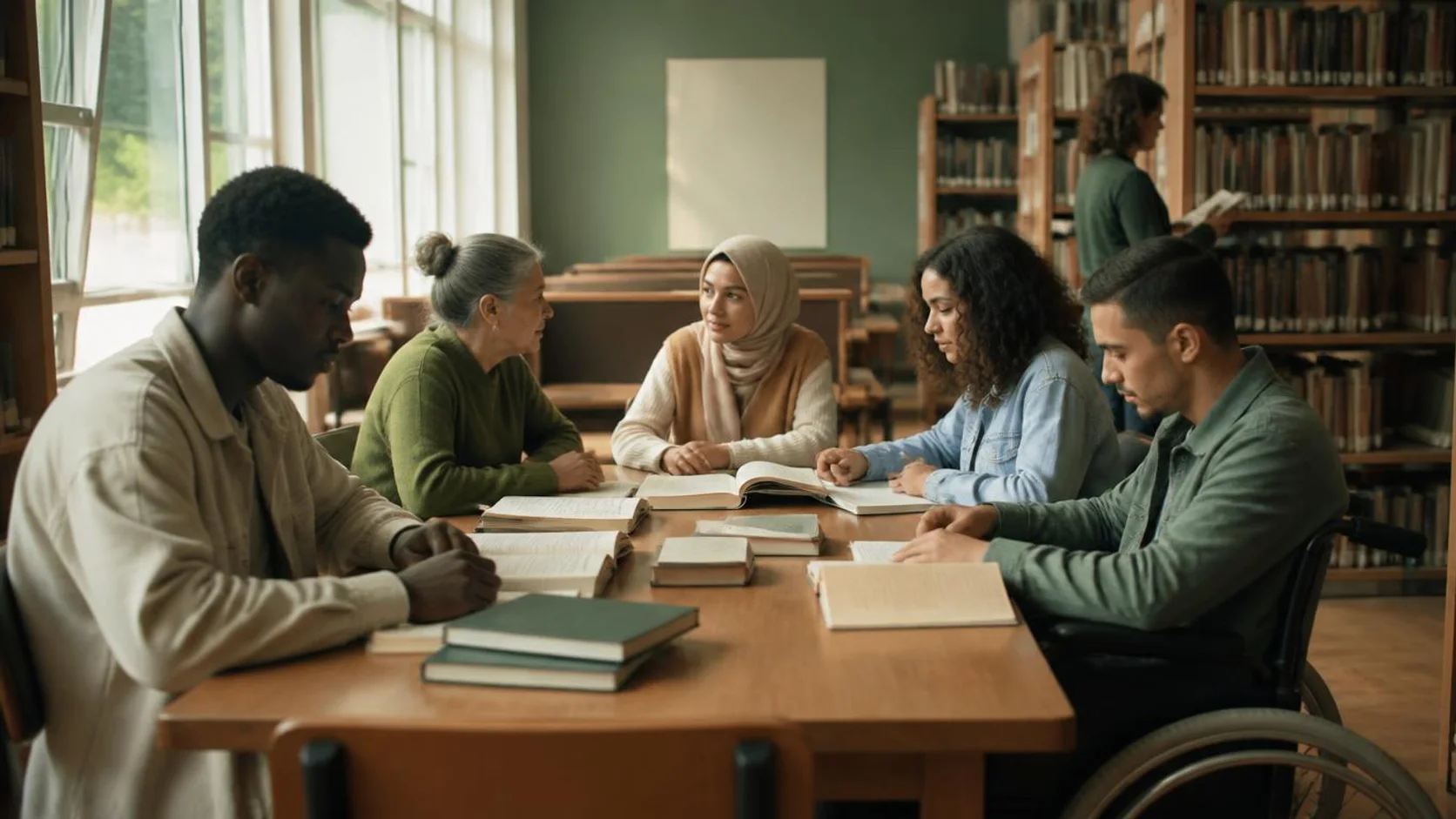 Cinco estudantes diversos, incluindo uma pessoa em cadeira de rodas, estudam juntos em mesa de biblioteca universitária.