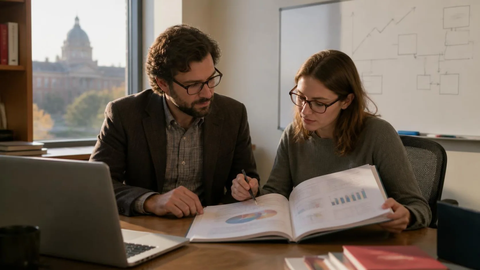 Pesquisador e pesquisadora examinam anuário estatístico impresso e laptop em escritório universitário, com gráfico desenhado no quadro ao fundo.