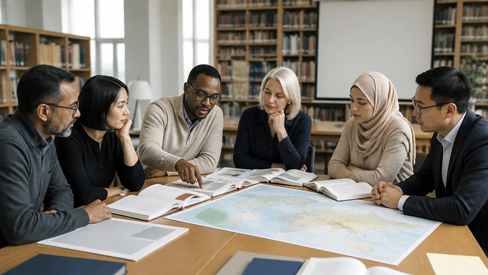 Grupo internacional de docentes compara documentos curriculares em mesa de biblioteca universitária.