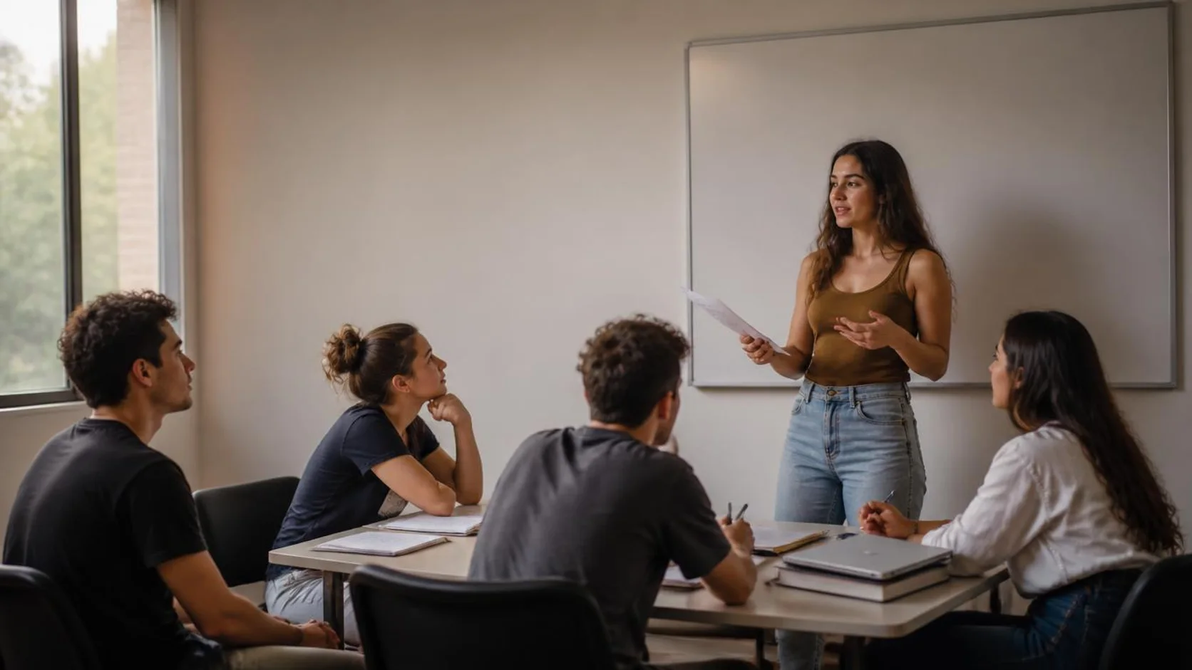 Estudantes universitários em círculo durante um seminário, com uma pessoa apresentando um material impresso e as demais ouvindo e anotando.