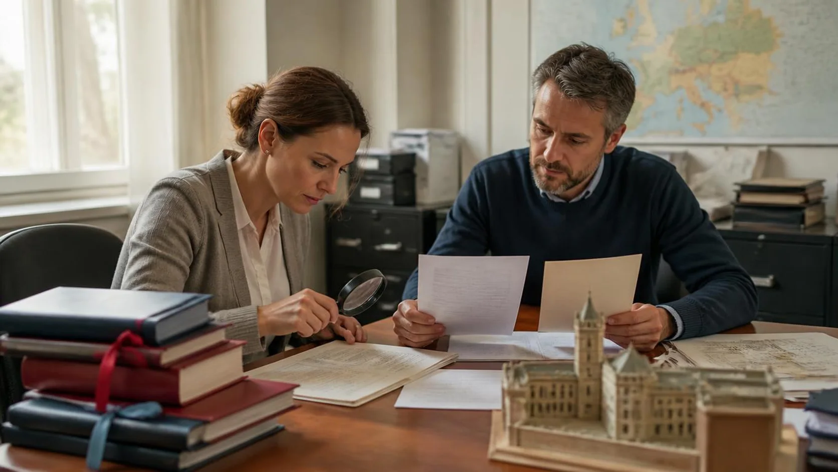 Funcionários de uma universidade europeia conferem históricos escolares e pastas de diplomas sobre uma mesa, com um mapa da Europa ao fundo.