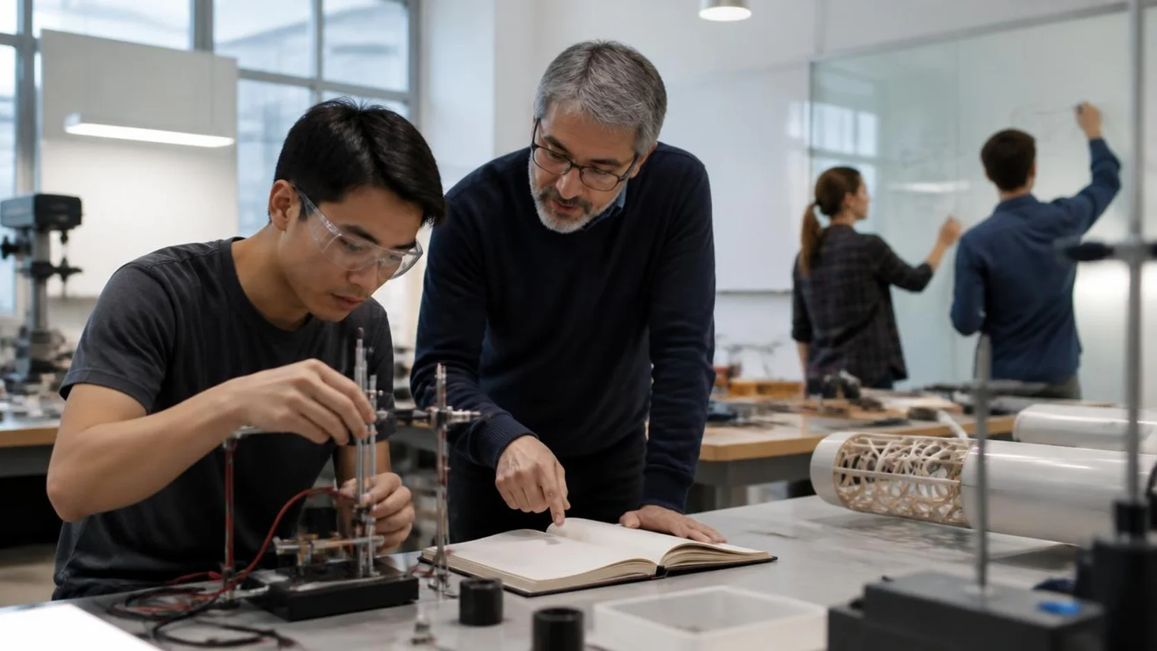 Laboratório de graduação com bancadas e protótipos, onde uma estudante ajusta um experimento enquanto o professor acompanha o caderno de anotações.