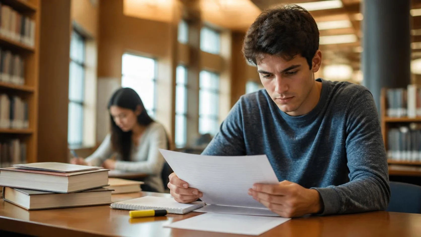 Estudante revisando atividades corrigidas e anotações em uma mesa de biblioteca universitária.