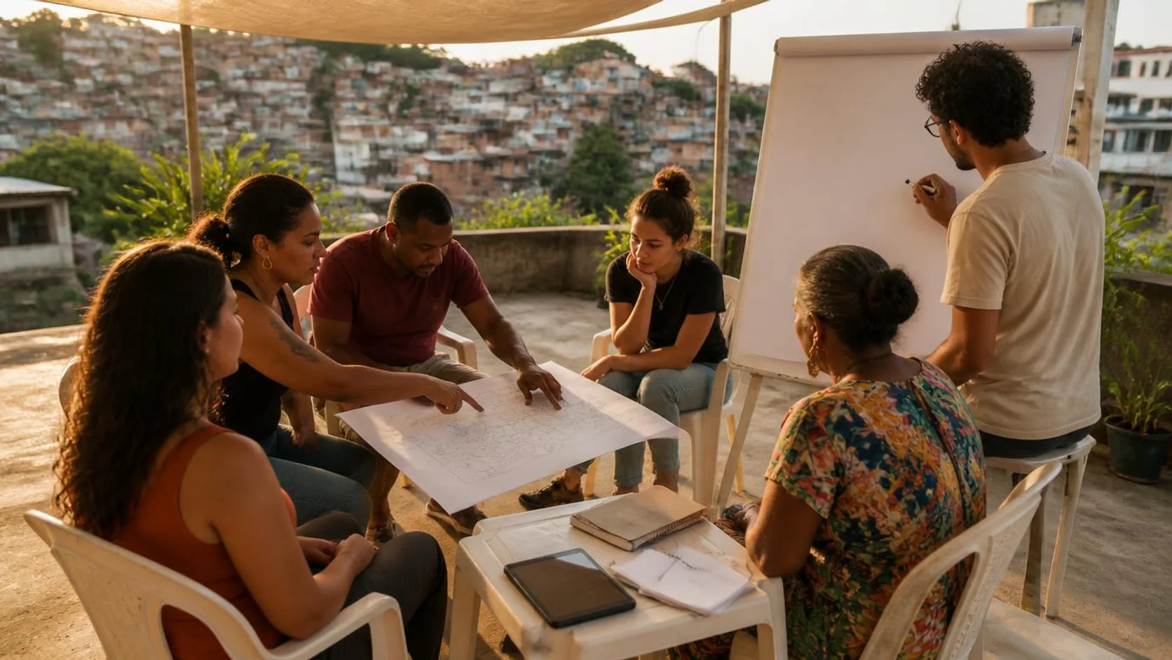 Roda de conversa entre moradores e equipe universitária em projeto de extensão comunitária ao ar livre.