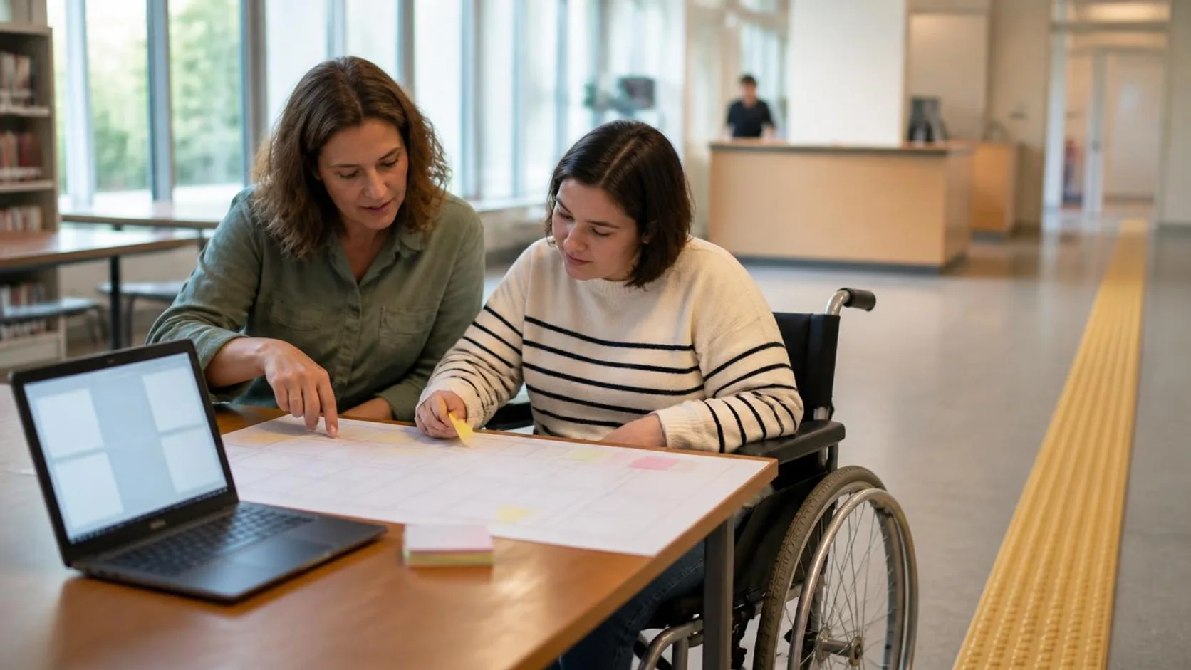 Coordenadora de acessibilidade e estudante em cadeira de rodas analisam juntos um cronograma de curso impresso sobre a mesa de uma biblioteca universitária.