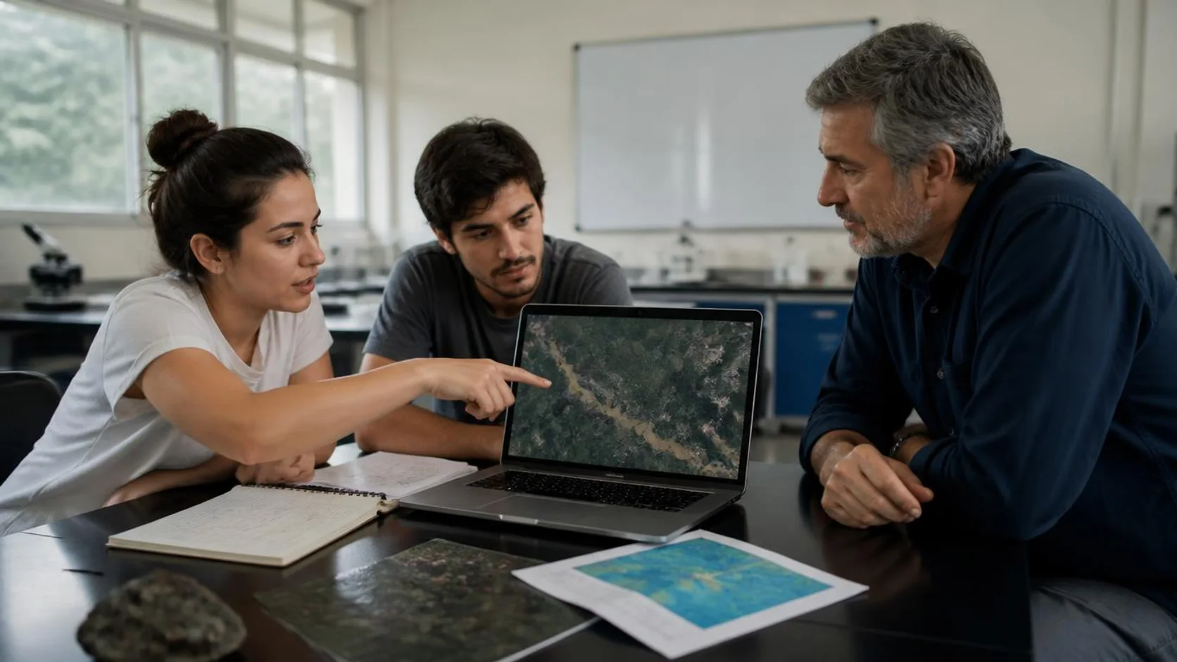 Estudantes e professor analisando mapas de satélite e gráficos em um laboratório universitário.